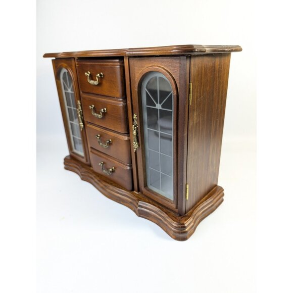 Vintage Large Wood Jewelry Armoire 2 Glass Doors, Mirrors, 4 Drawers Velvet 15" - Picture 2 of 13